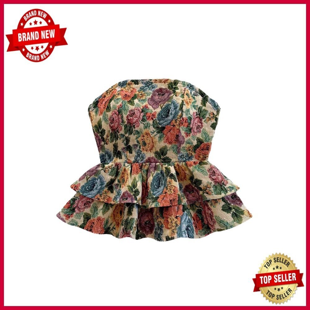 Floral Print Tie Backless Tube Top Layered Ruffle Strapless Vacation Tops